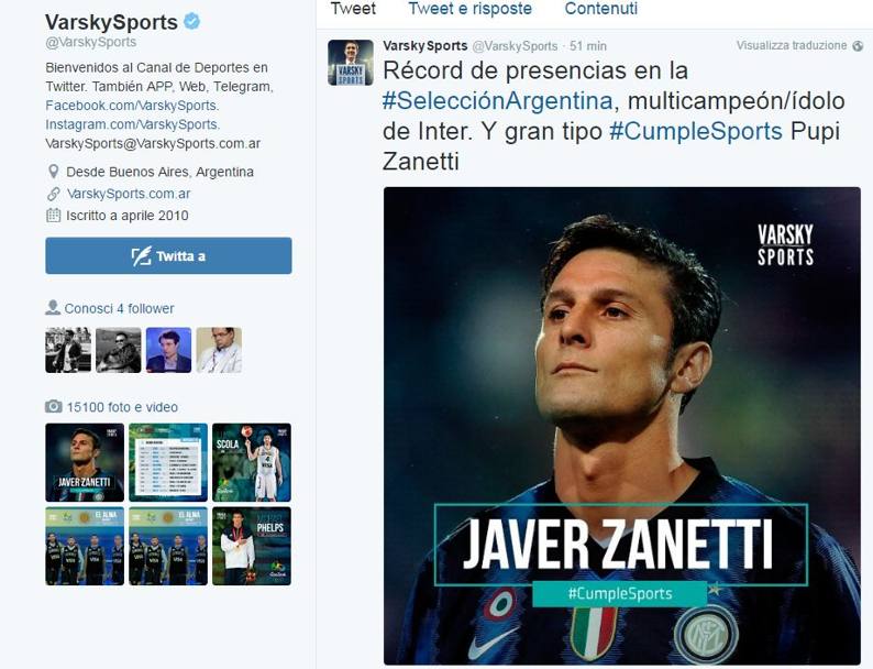 Il canale sportivo &#39;Varsky Sports&#39; ricorda il record di presenze con l&#39;Argentina detenuto da Zanetti (Twitter Varsky Sports)